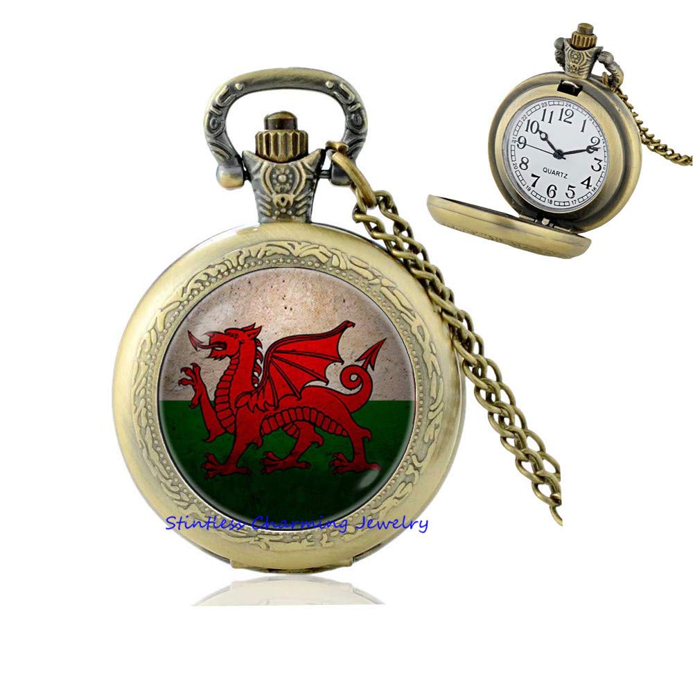 Wales Welsh Flag Pocket Watch Necklace Welsh Jewelry Welsh Dragon Pendant Red Dragon Pocket Watch Necklace Welsh Jewellery Flag Pocket Watch Necklace Welsh gifts-JV86