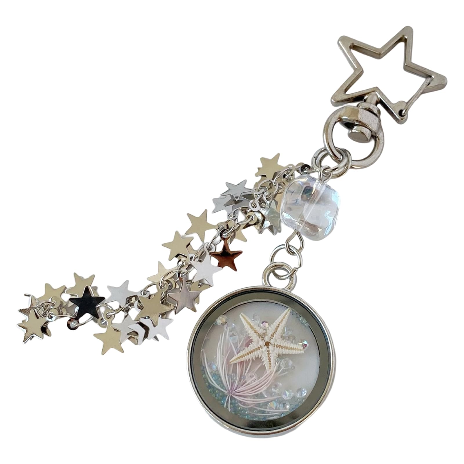 Handcrafted Marine Heart Keychain Featuring Natural Sea Star Shells And Glass Pendant For Unique Styles Accessory Seashells Glass Pendant