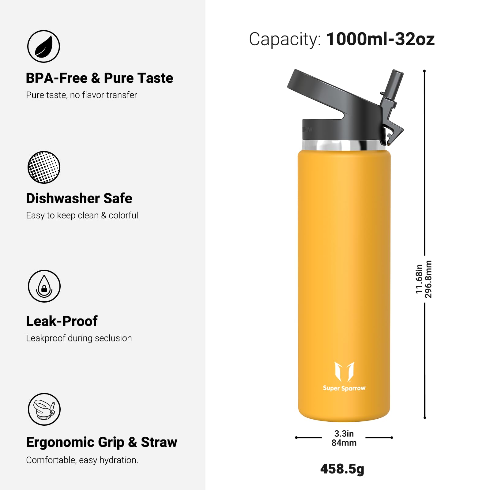 Super Sparrow Borraccia Termica - 500ml, 750ml, 1L - SwivelSip Inox Bottiglia - Senza BPA Borracce Termiche, Borraccia Bambini Ergonomica per Scuola, Sportiva, Bici, Campeggio, Palestra