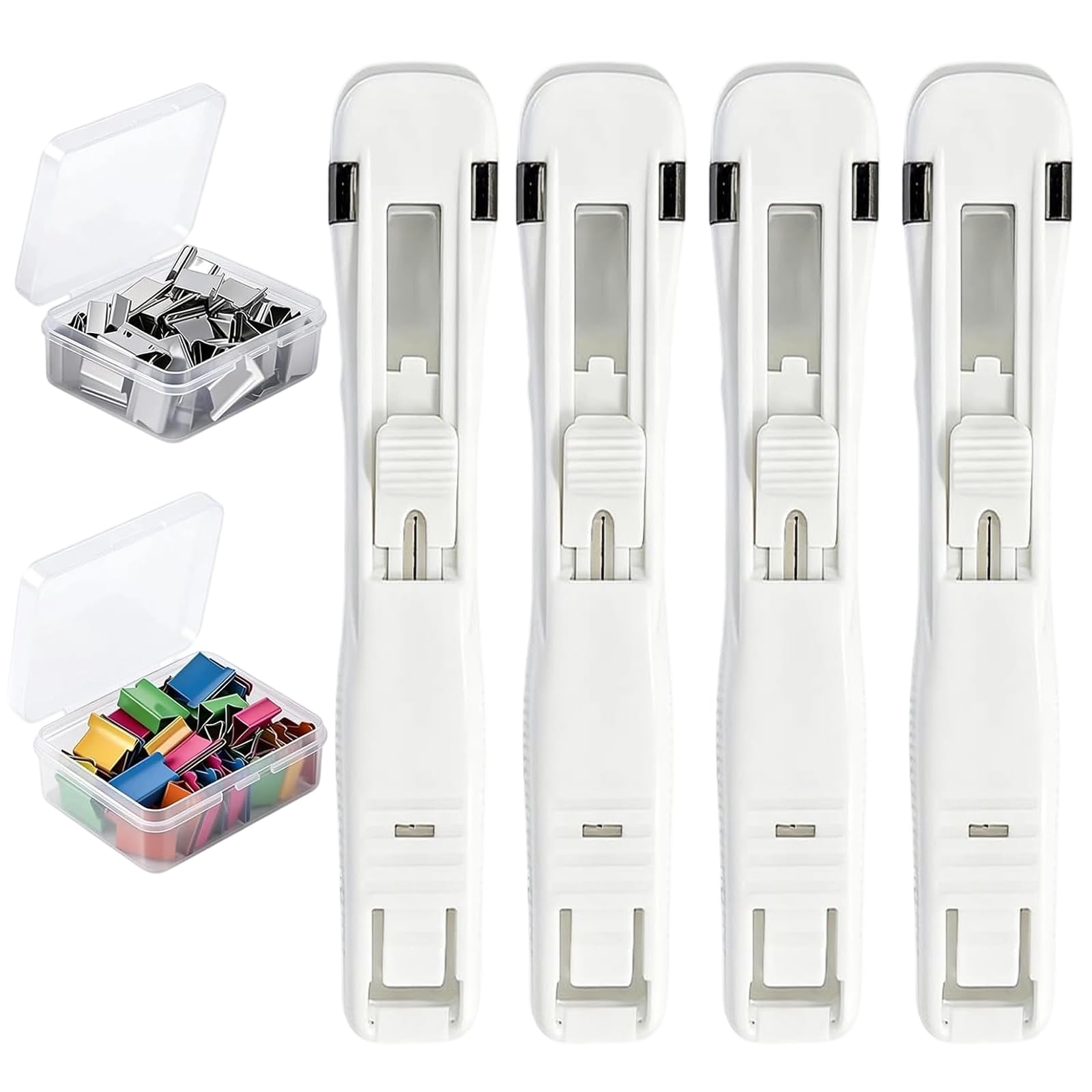 Portable Binder Clip Stapler - Includes 100 Reusable Clips, Handheld Paper Binder Clip Dispenser for Desk Document, Metal Office Supplies in Clear Box for Home Organization School (4PCS-White)