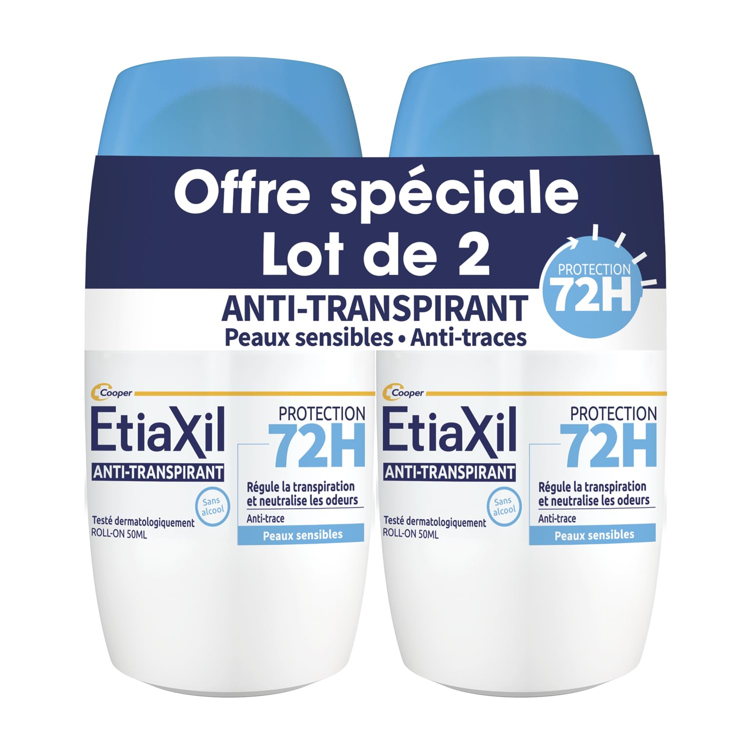 Etiaxil Roll-On Protection 72H Antiperspirant - Alcohol Free - Powerful Protection Against Sweat & Odour - Sensitive Skin - Dermatologically Tested * - Fast Absorption - 2 x 50ml