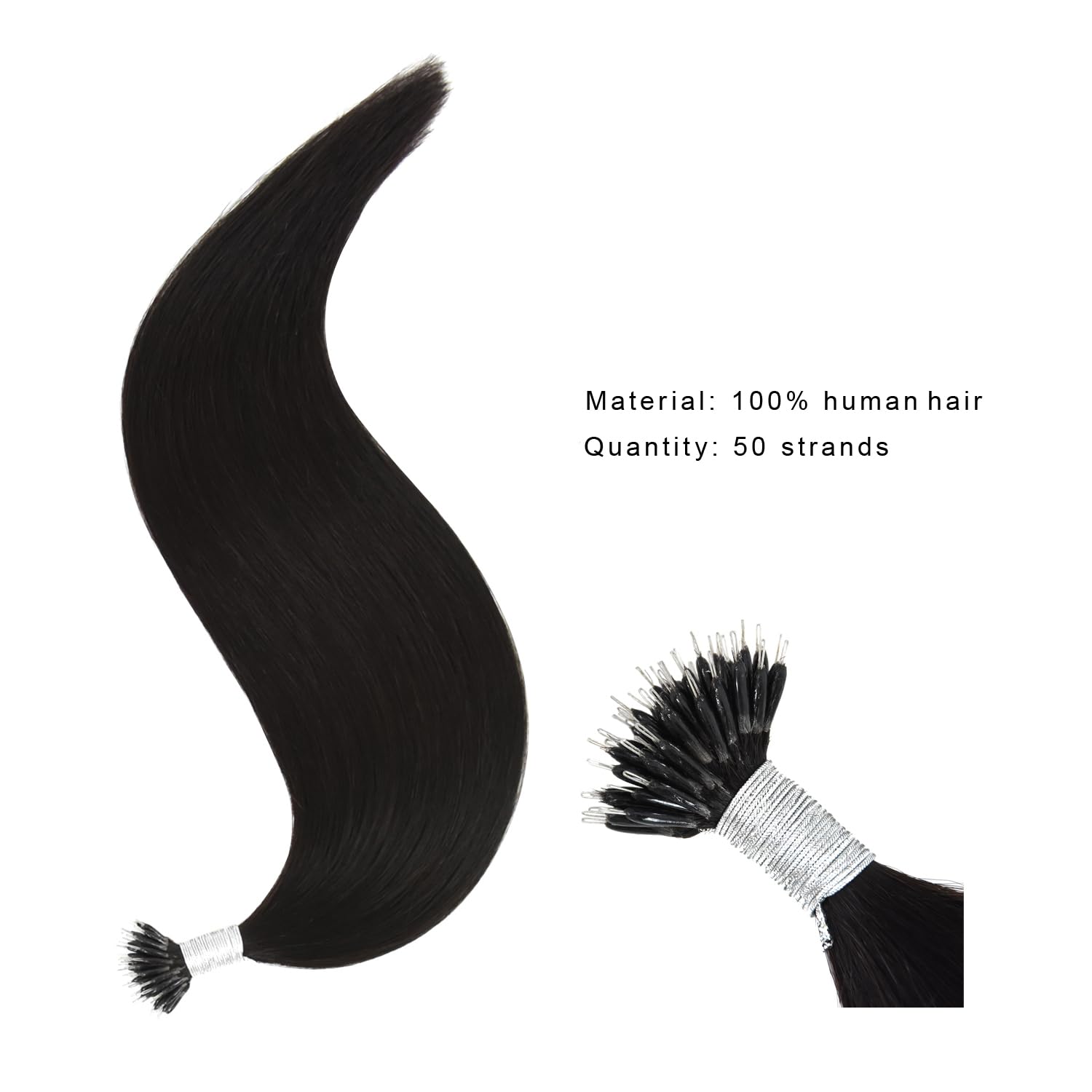 Nano Ring Estensioni dei Capelli Nano Loop Tip 50g Capelli Umani Extension (45cm #1B nero naturale)