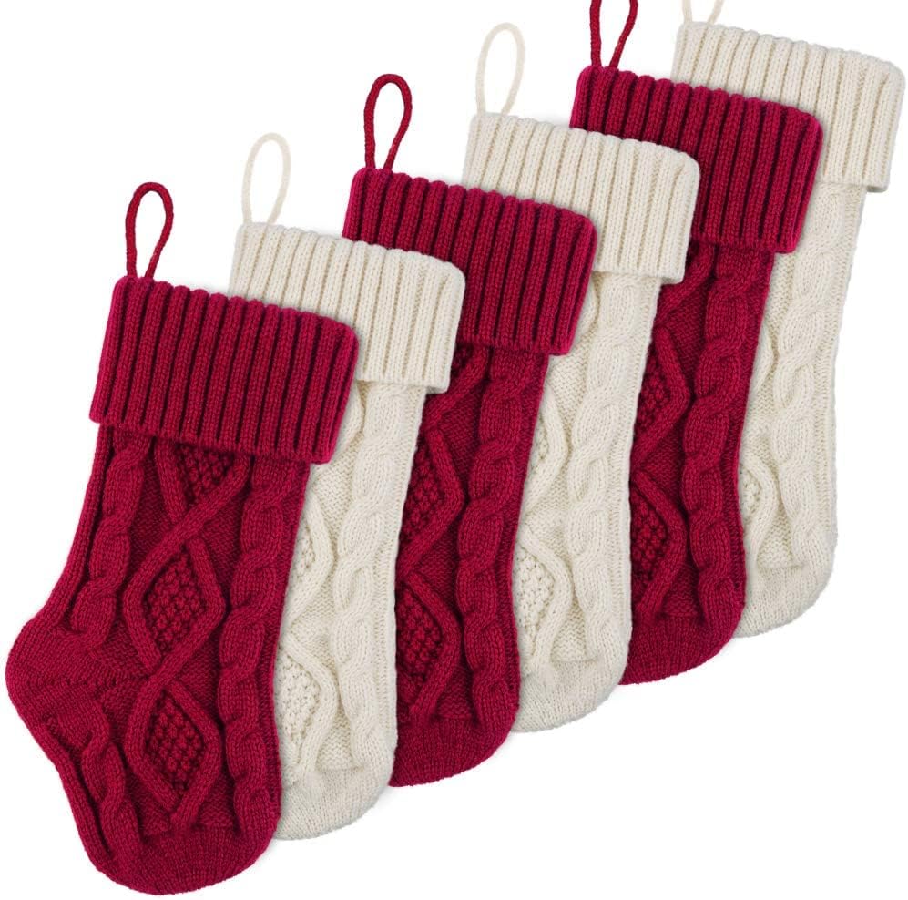 Meriwoods Christmas Stockings, 6 Pack 15 Inches Small Cable Knit Knitted Stockings, Rustic Xmas Farmhouse Decorations for Family Holiday Country Home Decor, Burgundy Red & Cream White
