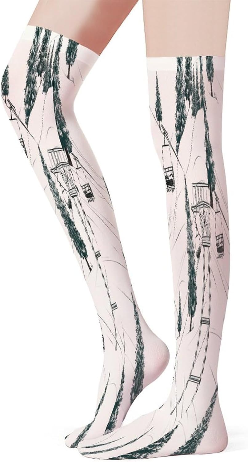 Ski Lift With Fir Tree Women High Waist Fishnet Stockings Stretch Mesh Pantyhose Sexy Trendy Legwear for Daily Wear