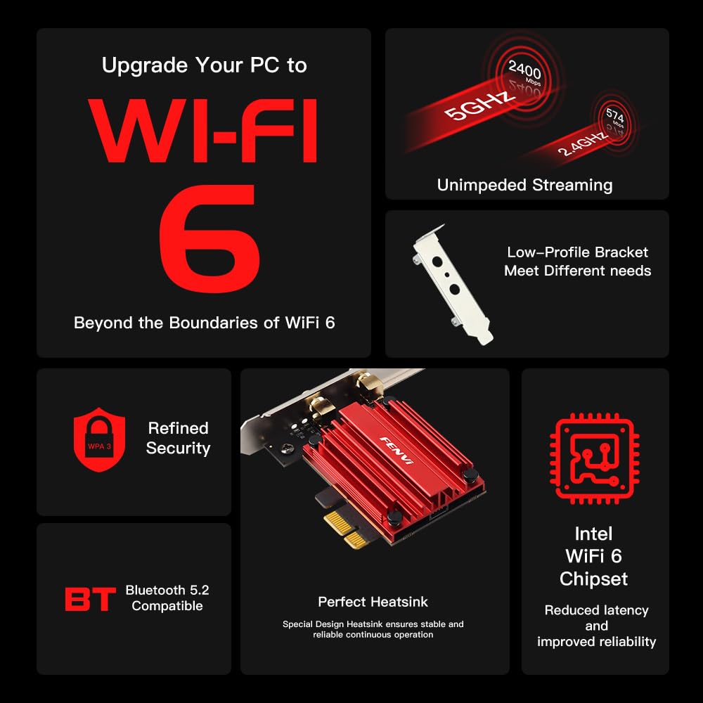 AX200 WiFi 6 PCI-E Carte WiFi (AX3000) Bureau WiFi BT5.2 PCIe Gaming Wireless Network Adapter 3000Mbps 802.11AX AX200 Dual Band MU-MIMO pour PC Windows 10/11