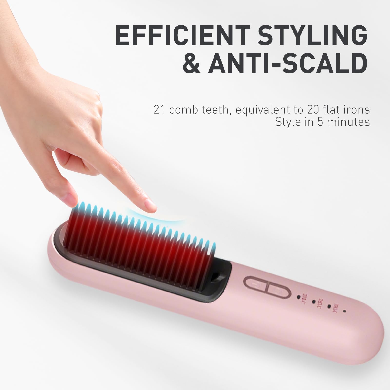 TANSHINE Cordless Hair Straightener Brush,Travel Portable Mini Ionic Hot Brush,Rechargeable Heated Hair Styler for Women,Thermal Smoothing Brush with Hot Comb,4000Ahm,160-210℃,Pink - Image 4