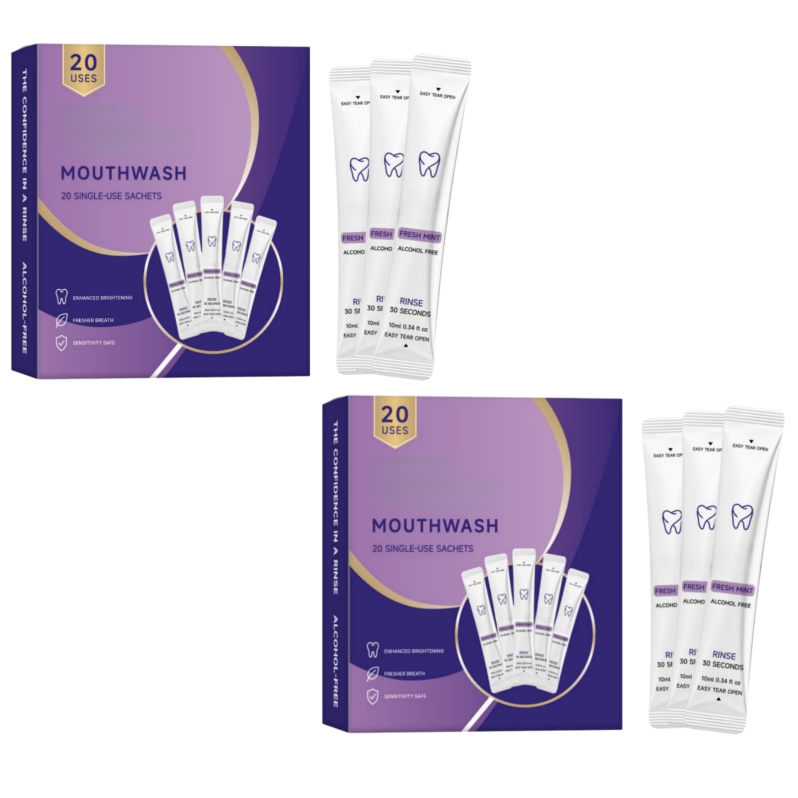 Bain de bouche blanchissant violet (20 sachets), Menthe rafraîchissante, Format voyage, Emballage individuel