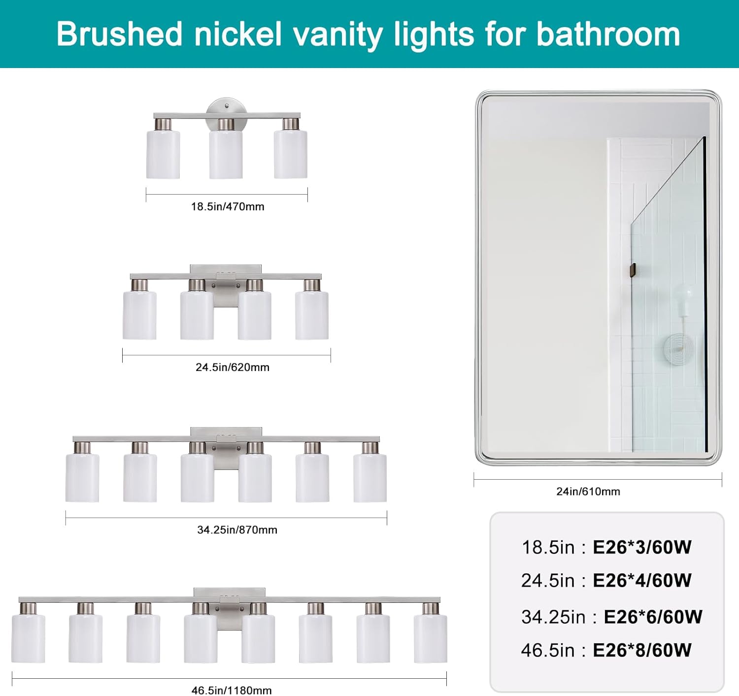 8-Light Bathroom Vanity Light Brushed Nickel Bathroom Light Fixtures 8 Light Vanity Lights for Wide Mirrors Nickel 8-Light Long Wall Sconce with Milky White Frosted Glass Shades for Bath Living Room