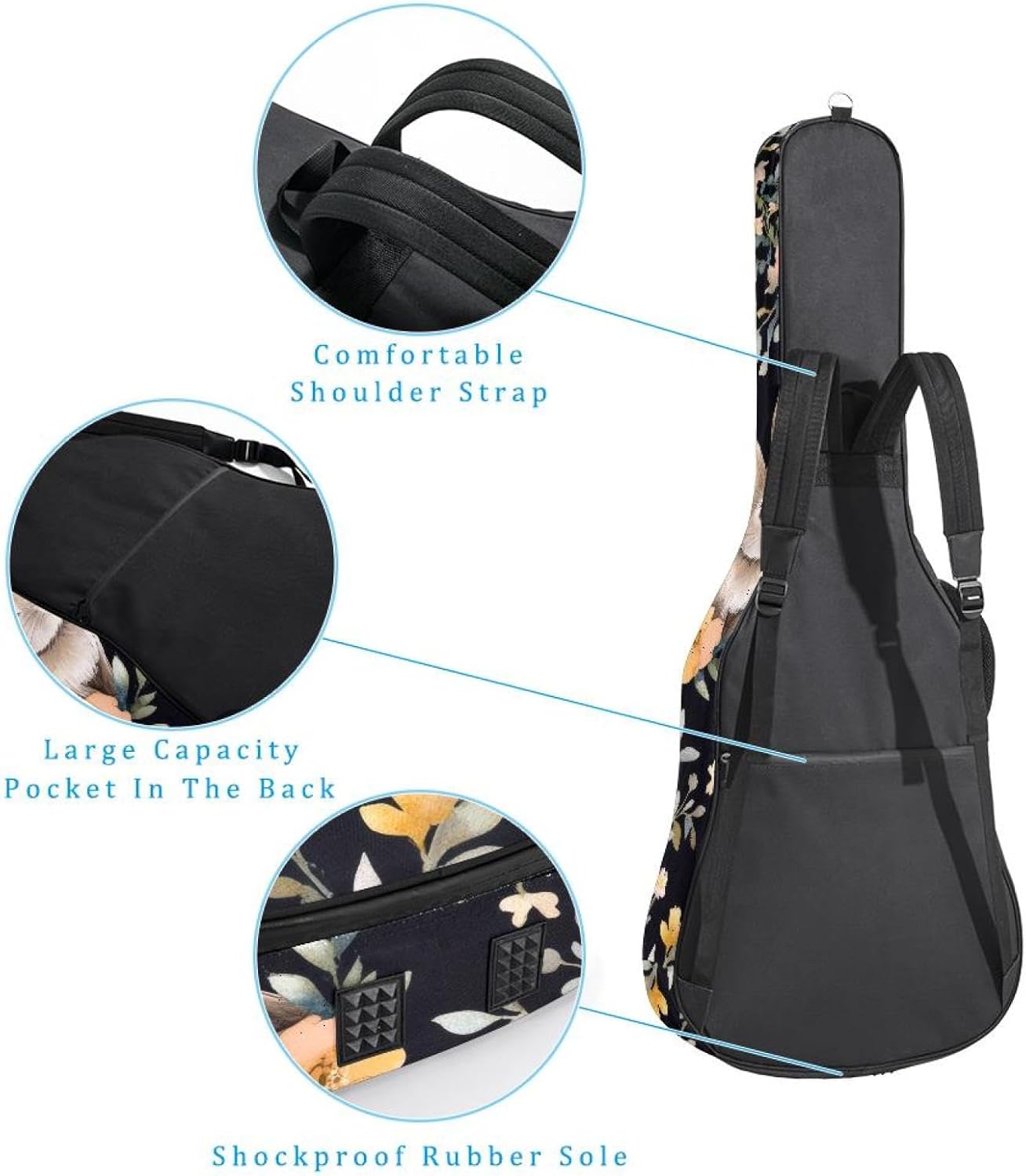 40 41 42 Inch Acoustic Guitar Bag, 0.4 In Thick Sponge Padded Guitar Case Gig Bag with Back Hanger Loop and 2 Pockets, Watercolor Easter Flower with Cute Rabbits