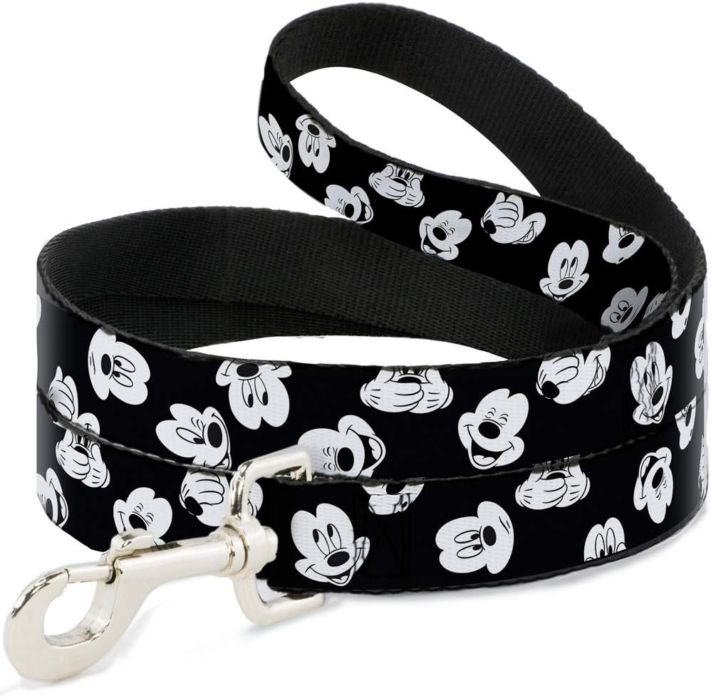 Buckle-Down Pet Leash - Mickey Mouse Expressions Scattered Black/White - 4 Feet Long - 1.5" Wide