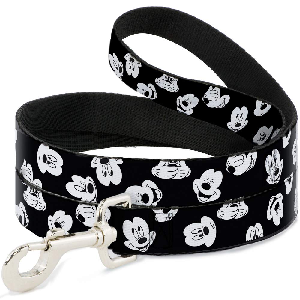 Buckle-Down Pet Leash - Mickey Mouse Expressions Scattered Black/White - 6 Feet Long - 1.5" Wide