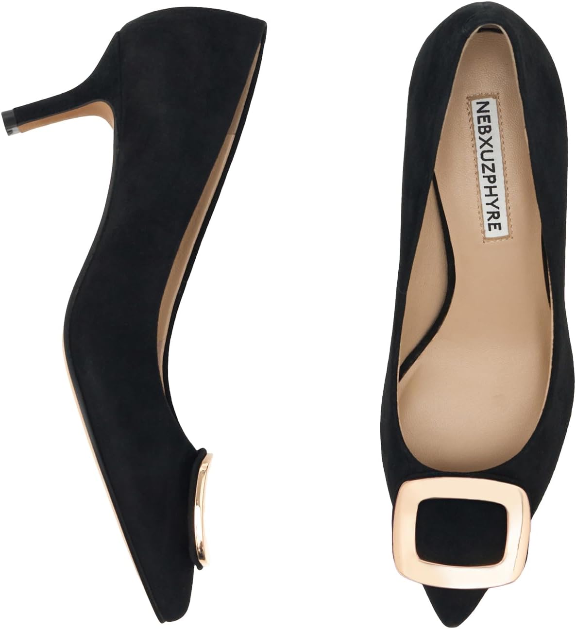 Women’s Genuine Leather Kitten Heel Pumps 2 Inch, Pointed Toe Dress Shoes with Metal Buckle – Elegant Office & Luxury Daily Shoes