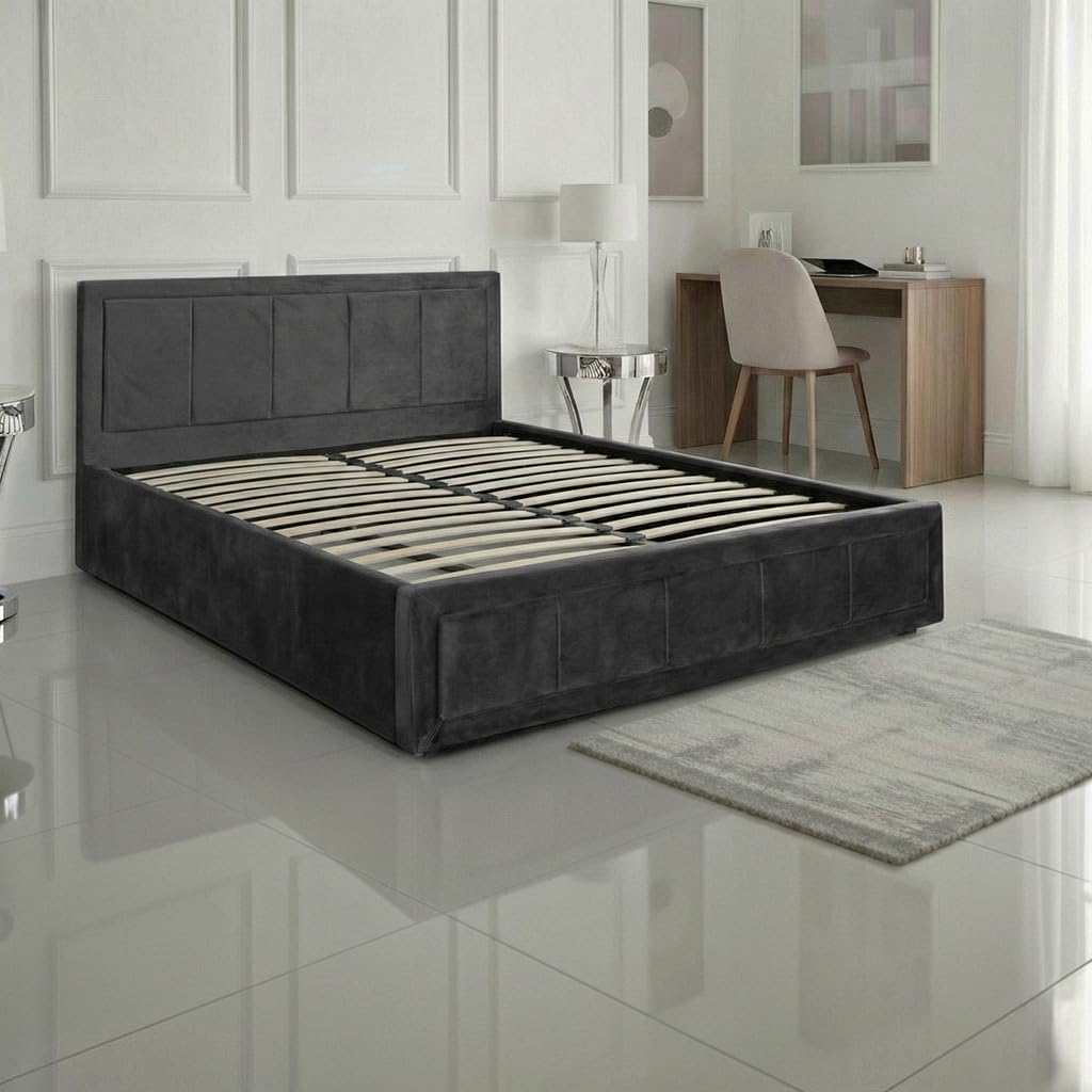 SANA SLEEP Ottoman Bed Frame - Fabric Storage Upholstered Double Bed - Gas Lift Bed Base in Small Double King Super King Size - No Mattress (4FT6 PLUSH BLACK)