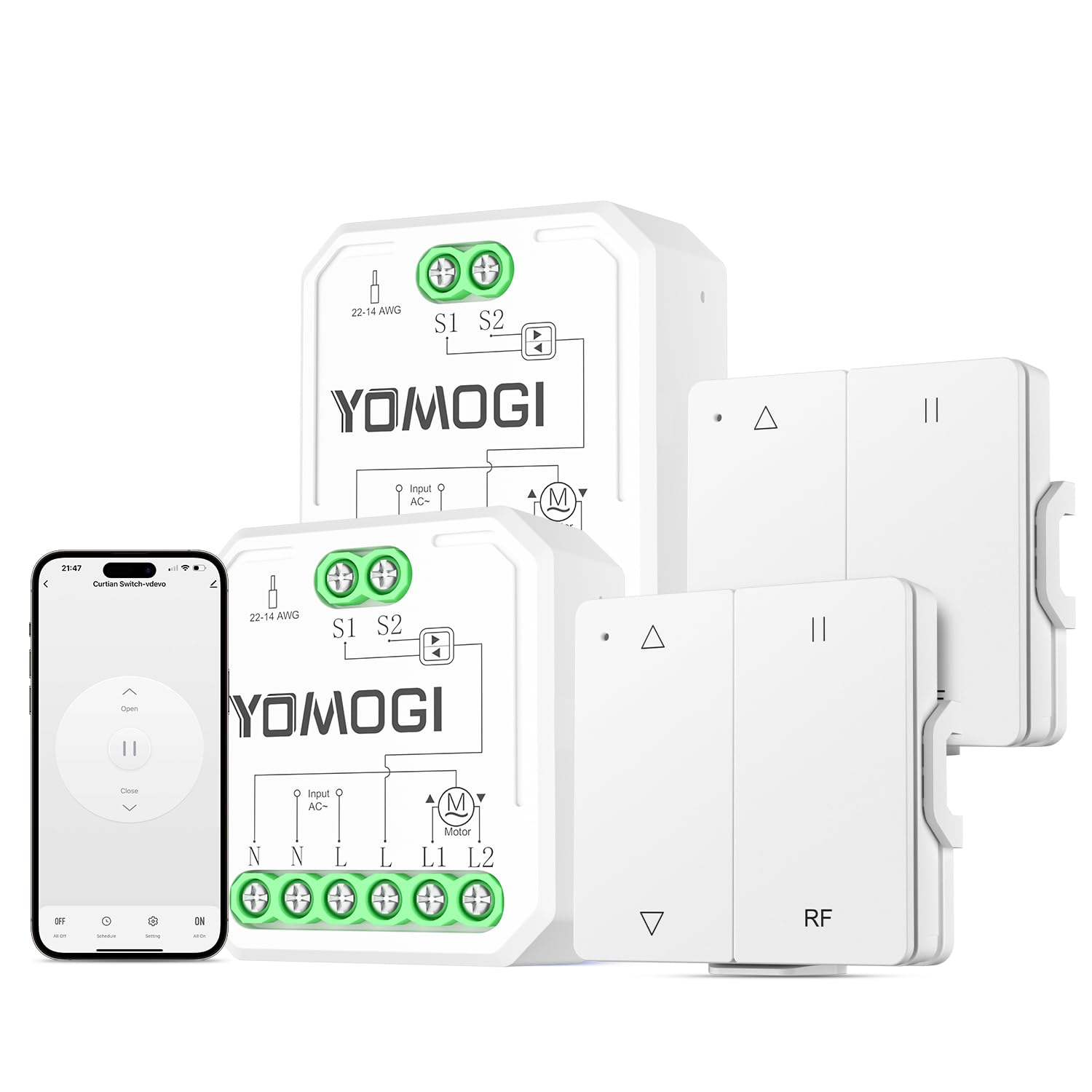 YOMOGI 2 Pack Module Volet Roulant Connecté avec Télécommande RF, Module Interrupteur pour Rideau Stores WiFi, Compatible avec Alexa Google Home pour Contrôle à Distance, Télécommande Appairée
