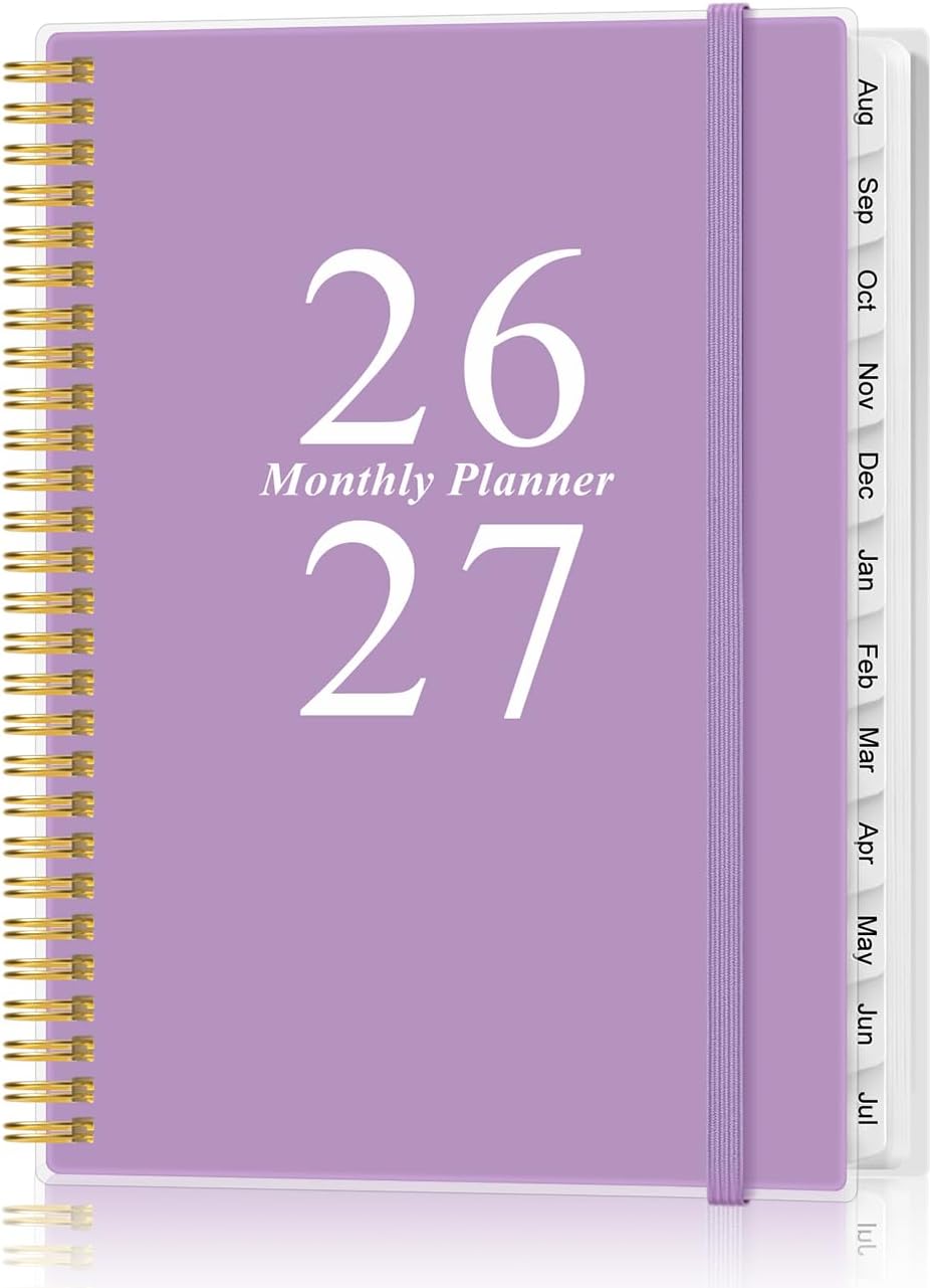 2026-2027 Monthly Planner - 17 Monthly Calendar, August 2026 - December 2027, Two Pages Per Month, 9" x11" Planner with Tabs, Strong Twin-Wire Binding, Inner Pocket, Purple