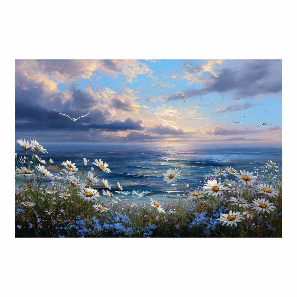 PUQAAEO Canvas Wall Art Decor, Sunset Ocean Daisies Landscape Canvas Wall Art, Painting Prints, Bedroom Bathroom Office Decor,(Multicolor)-60x90cm Unframed