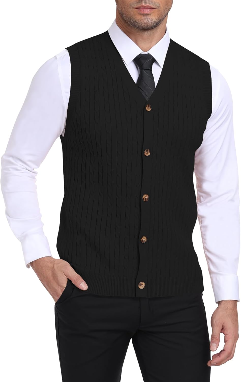 YTD Men's Sleeveless Sweater Vest V-Neck Casual Cable Knit Button Down Cardigan Vest