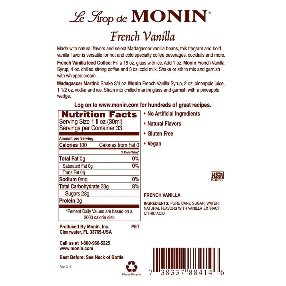 Monin - French Vanilla Syrup with Monin BPA Free Pump, Boxed, Versatile Flavor, Natural Flavors, Great for Coffees, Cocktails, Shakes, and Kids Drinks, Non-GMO, Gluten-Free (1 Liter, 2-Pack)