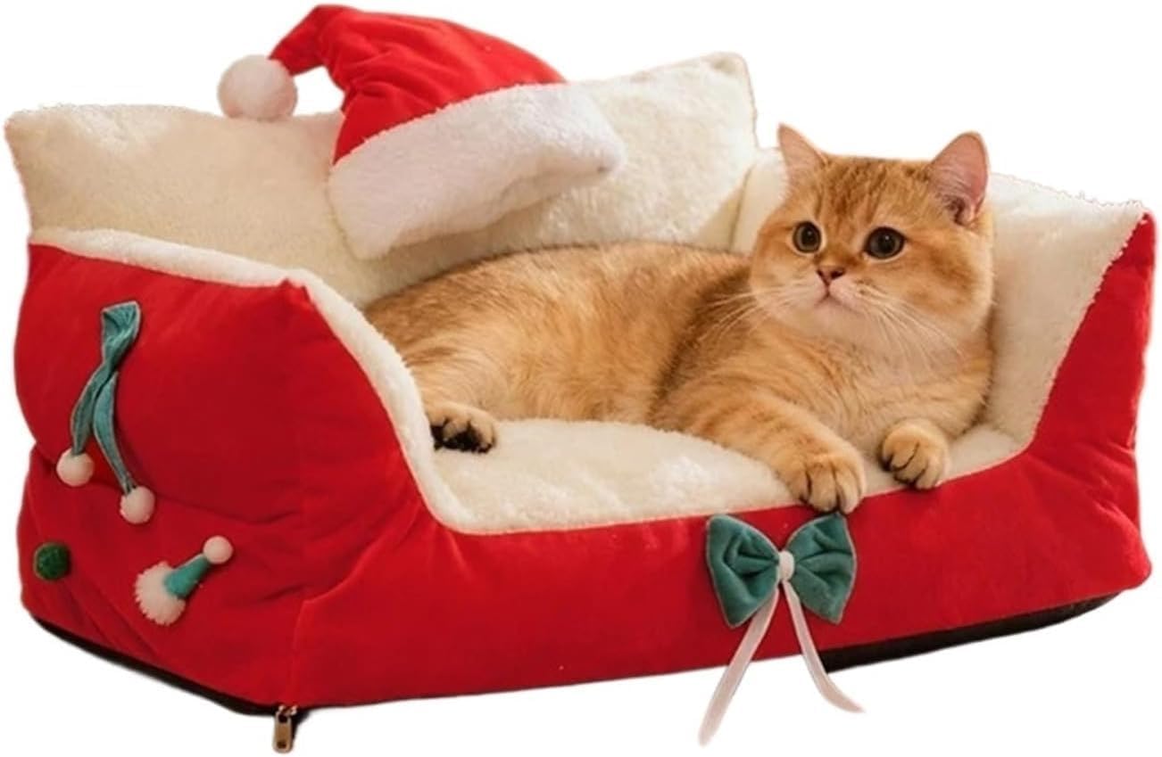 Christmas Cat Bed with Soft Neck Bolster - Cozy Couch Sofa for Festive Comfort PP Cotton Filled Holiday Pet Gift(A,Medium)