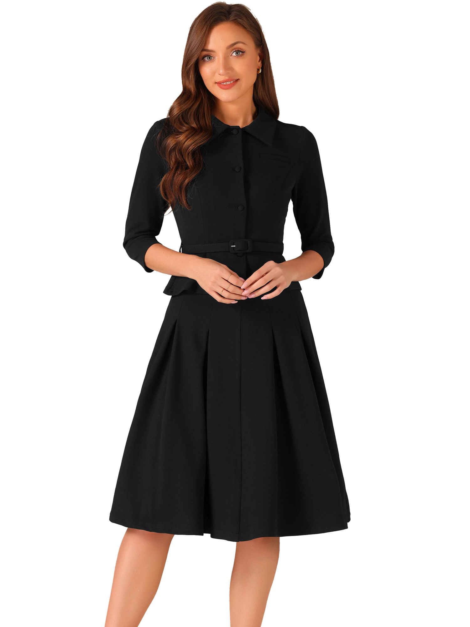Allegra K Business Skirt Suit Sets for Womens 2 Piece Outfits Office 3 4 Sleeve Blazer Jacket Pleated
