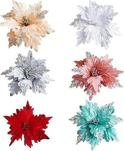 Miniatura 15 de 6 adornos para árbol de Navidad con purpurina para árbol de Navidad, flores artificiales de Navidad, accesorios florales, flores de franela