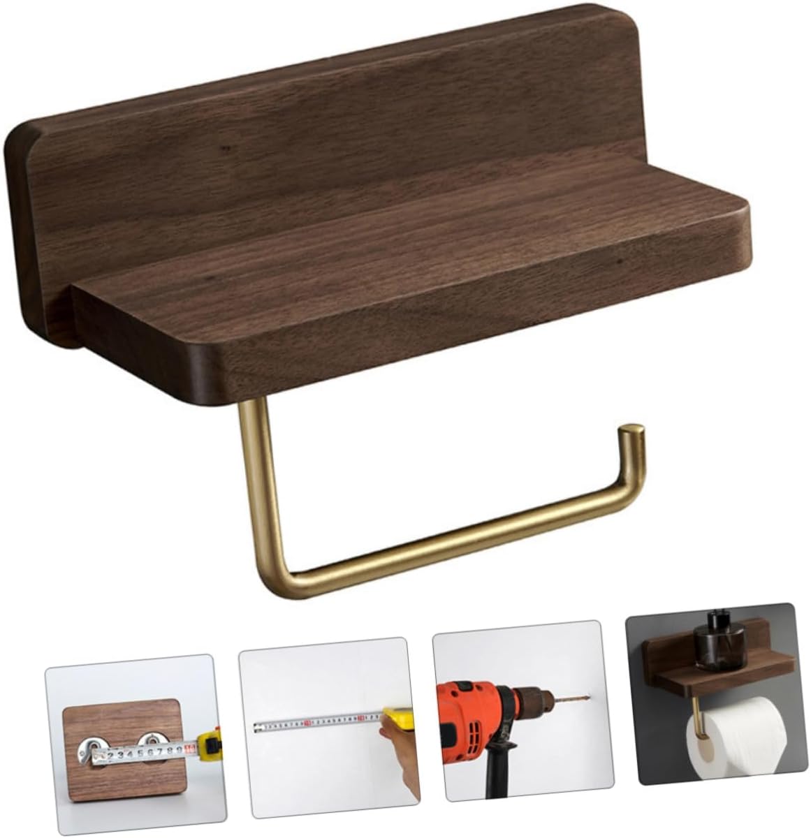 Solid Wood and Brass Toilet Paper Holder Wall Mount Installation Tissue Rack with Multi-Function Shelf for Bathroom and Kitchen Walnut Finish Organizer for Phone and Accessories