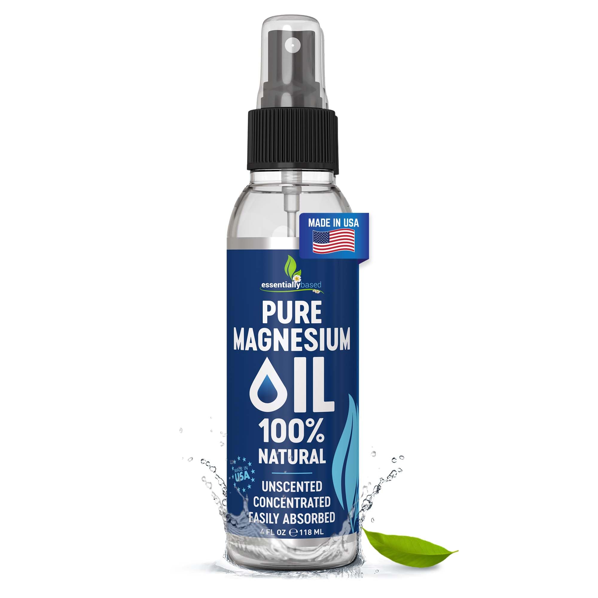 Pure Magnesium Oil Spray 4oz - Topical Magnesium Spray for Sleep & Feet - Extra Strength - USP Grade - 100% Natural and Organic Oil for Muscle Pain & Cramps - Less Sting - Less Itch - Made in USA