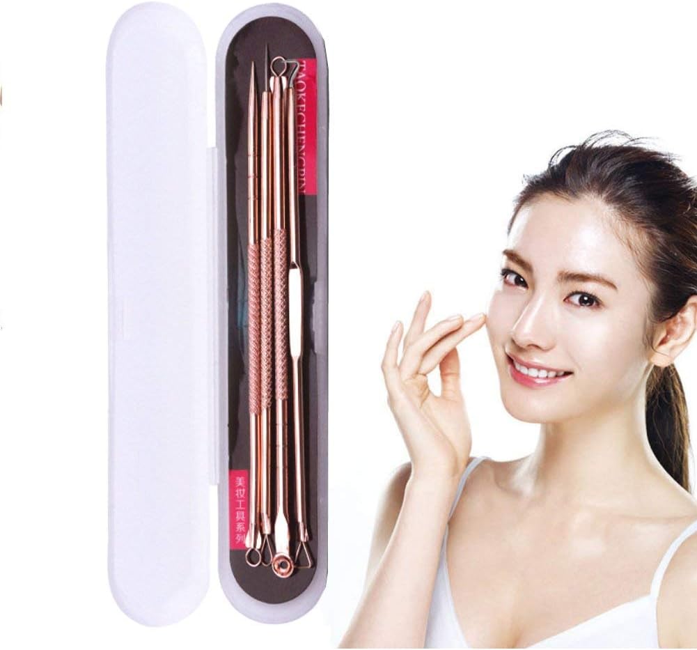 MIXSight 4 Piece Set Blackhead Extractor And Acne Remover Kit Rose Gold, Specifically Treats Face Blemishes, Pimples, Zits And Whiteheads, Include Giftbox