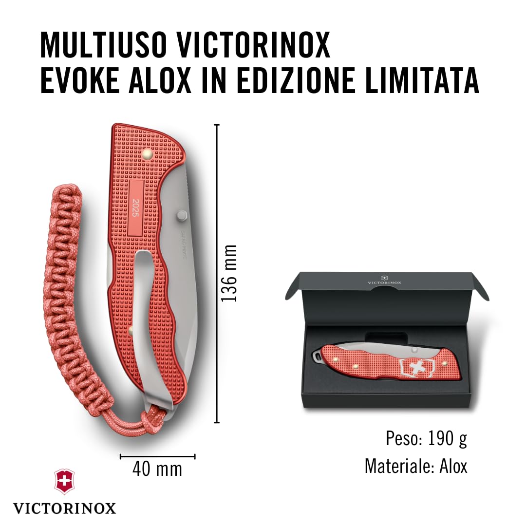 Victorinox Multiuso Evoke Alox Limited Edition 2025, 5 Funzioni, Multiuso Grande, Cordino in Paracord, in Scatola Regalo, Stone Red