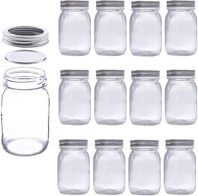 MEETOZ Mason Jars 17 oz With Regular Lids and Bands, Ideal for Jam,Dishwasher Safe Mason Jar for Fermenting, Kombucha, Kefir, Storing and Canning Uses, Clear- Set of 12 (Type B)