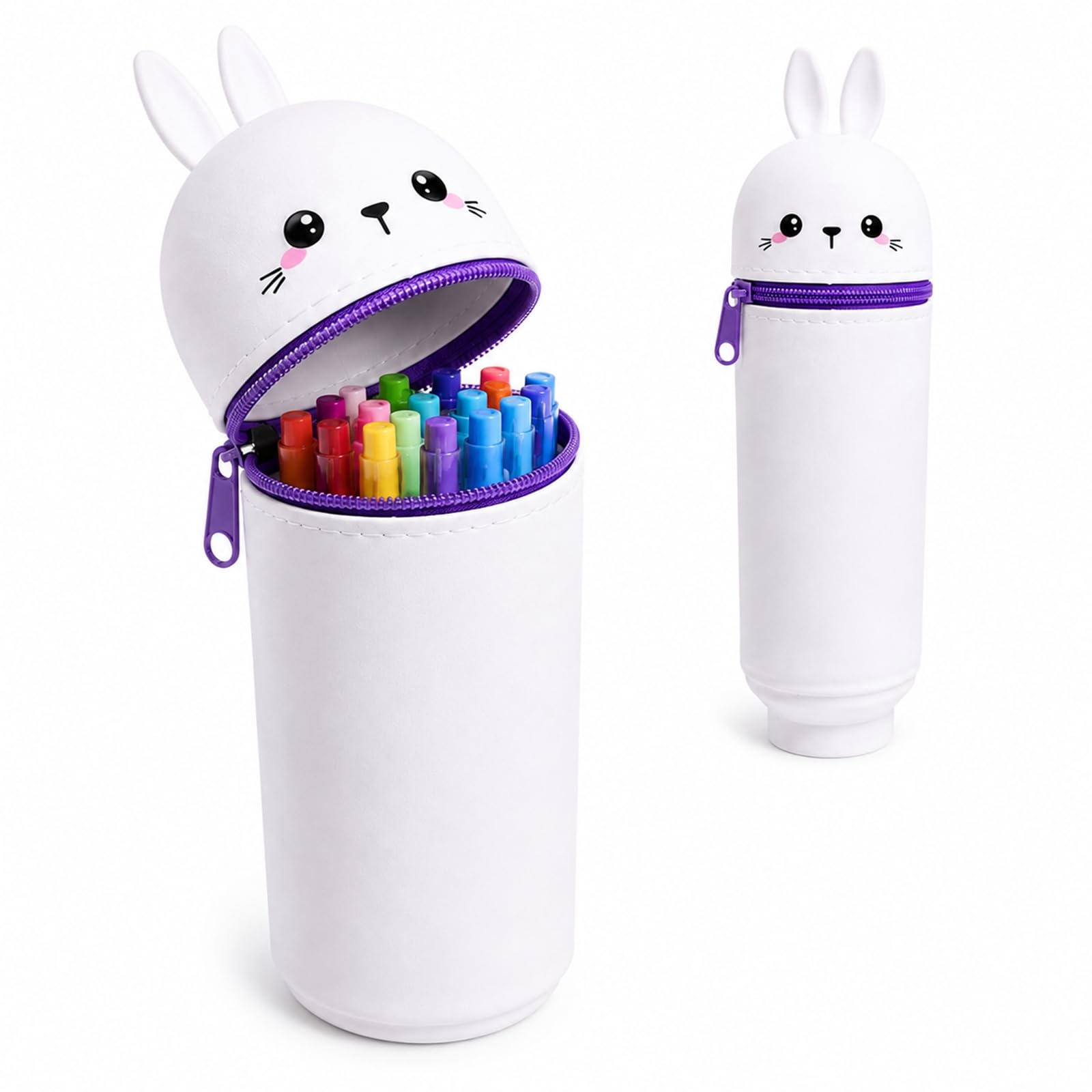 WHJYCC Silicone Pencil Case, Kawaii Bunny 2-in-1 Expandable Pen Pot, White