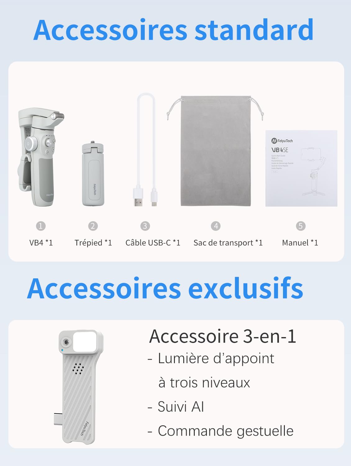 Feiyutech VB4 Kit Stabilisateur Smartphone avec Suivi 3 Axes,Traceur Magnétique AI 2-en-1&Lumière de Remplissage ACC.,Tige d'extension de 216mm,Charge utile de 260g,Stabilisateur pour iPhone/Android