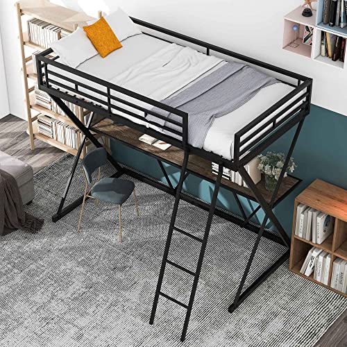Aty Metal Loft Bed With Wood Desk And Ladder, X-Shaped Twin Size Bedframe W/Full-Length Guardrails, For Kids Teens Adults, Bedroom Furniture, Black #TOP6