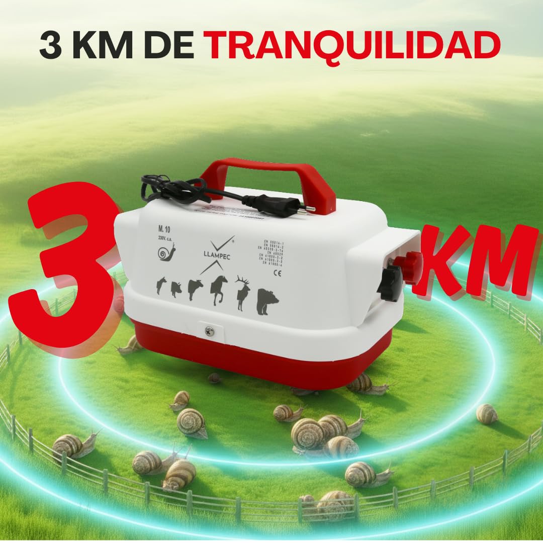 Llampec Pastor eléctrico Mod.10 con conexión a Red 230V – 60 MJ, 5.000V y 3 km de Alcance – Especial para cercas de Caracoles – Consumo reducido 2W y diseño Compacto 18×18×28 cm – Fabricado en España