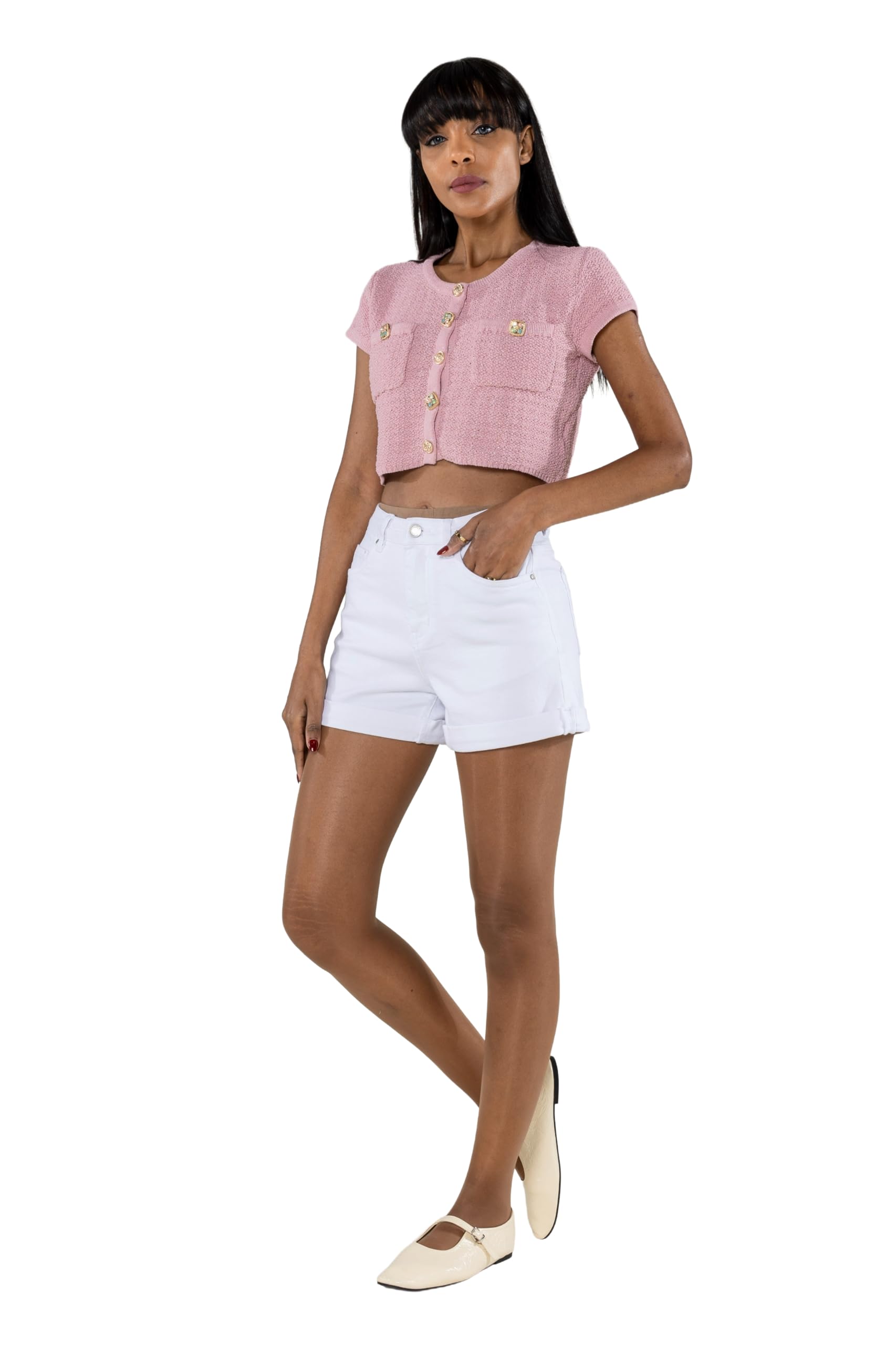 Nina Carter P202 Pantalones cortos para mujer, cintura media, pantalones vaqueros cortos, aspecto desgastado, pantalones cortos de verano
