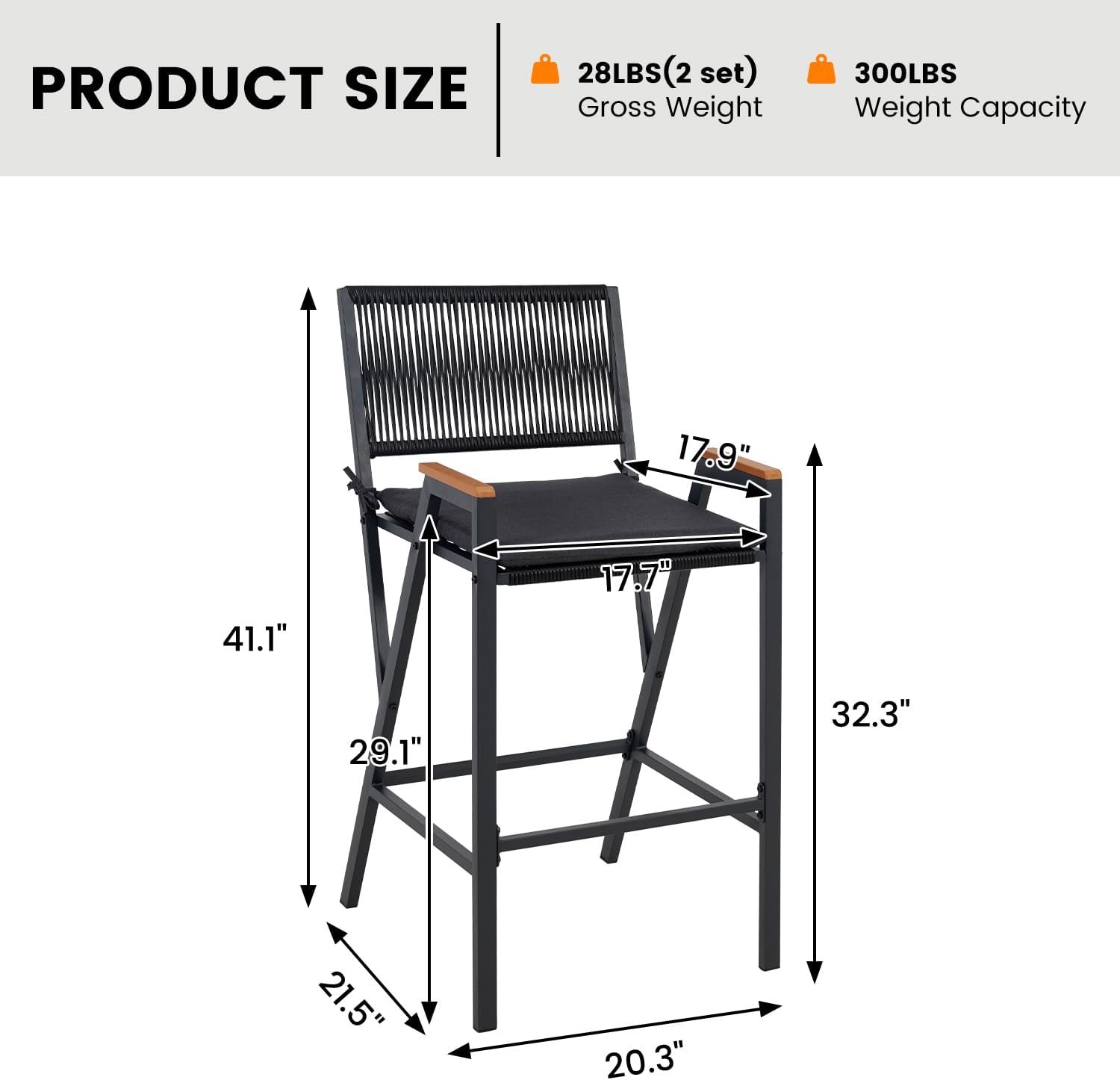 Sundale Outdoor Wicker Bar Stool, Counter Height Patio Pub Chair with Cushion, Rattan Woven Metal Modern Barstools, All-Weather Outdoor Furniture (2, Black)