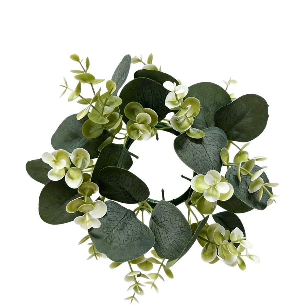 CALMUDHON 8.27 Inch Artificial Eucalyptus Candle Ring Mini Greenery Wreath Table Centerpiece Wedding Home Decor