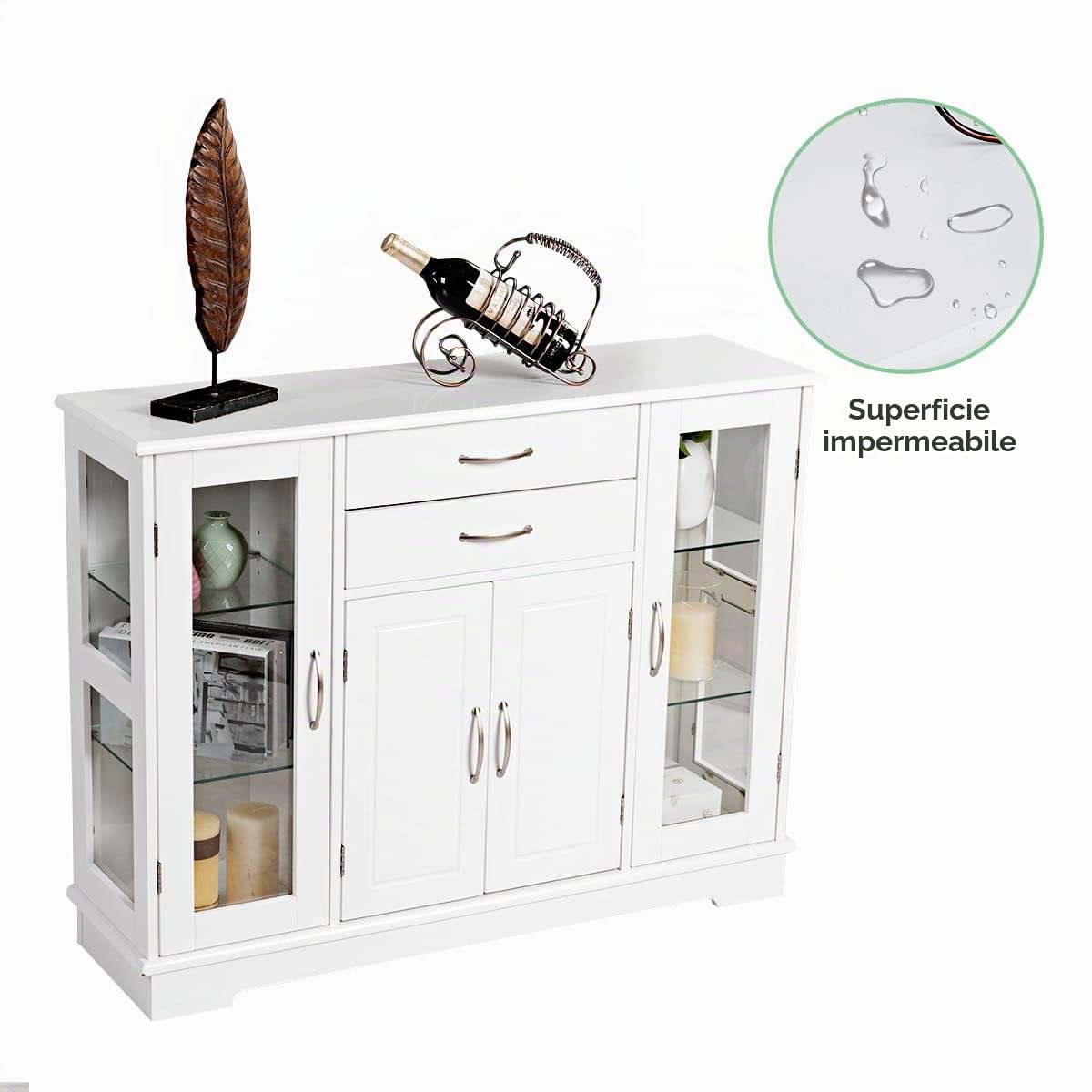 GIANTEX Credenza e Buffet a Ripiani, con 4 Ante e 2 Cassetti, Mensole Regolabili, Armadietto Laterale per Soggiorno, Sala da Pranzo, Cucina, 107 x 30 x 82 cm, Bianco