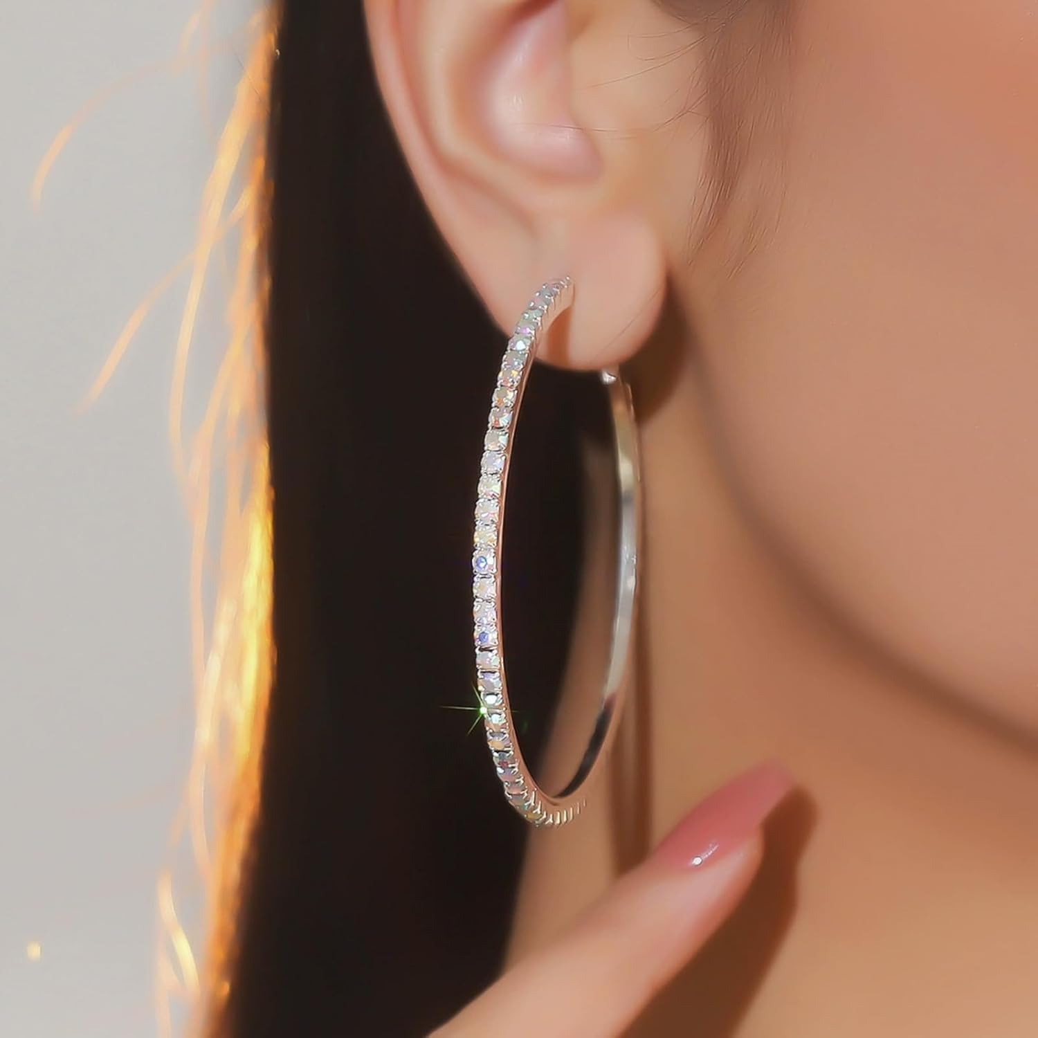 Rhinestone Hoop Earrings for Women Large Gold Hoop Earrings Sparkly Hoops Trendy Prom Wedding Jewelry Big Bling Jewelry for Women A:Silver Hoop Earrings(2.56in) image 2 of 7 B0F8YYZVSZ