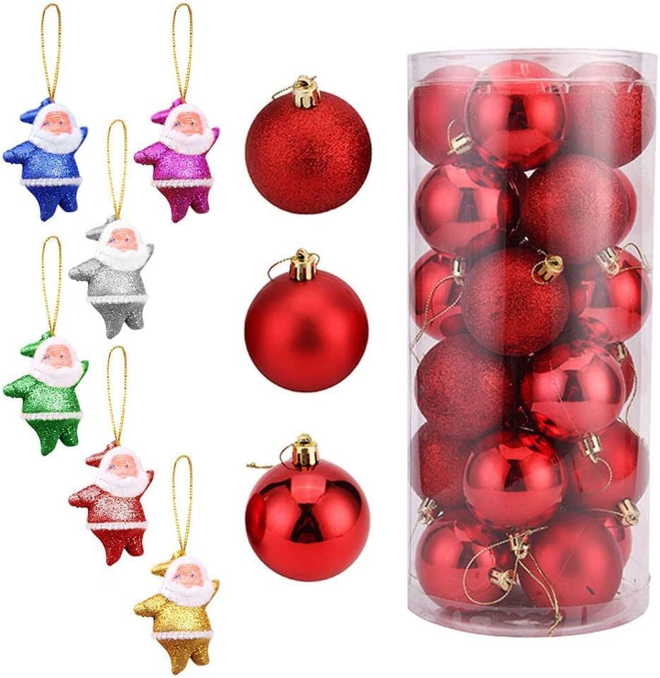 24Pcs Red Christmas Balls Ornaments+6 Mini Santa, Shatterproof Christmas Hanging Balls for Xmas Tree, Holiday, Garlands, Wedding, Party, Home, Bar