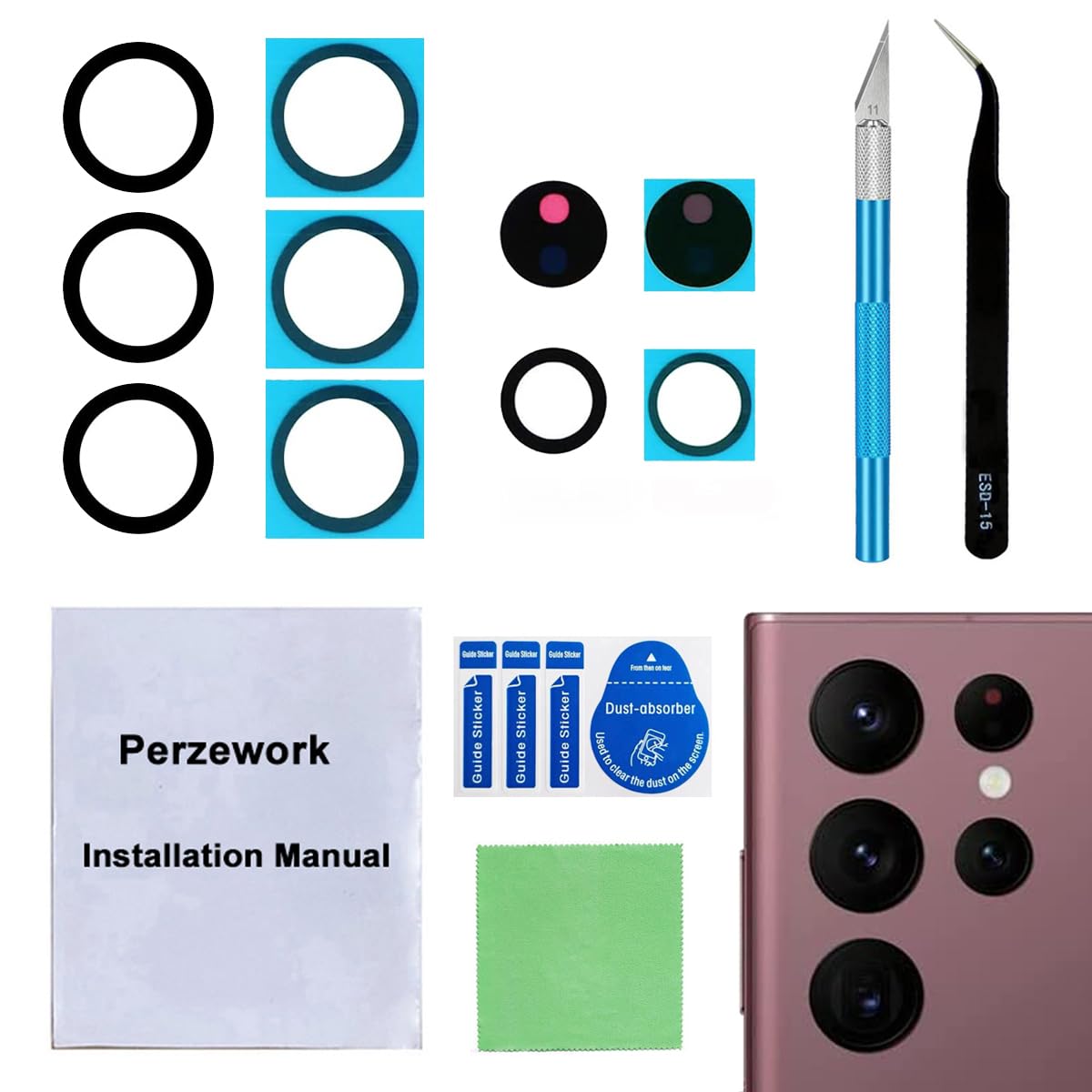 2 Sets Back Rear Camera Lens Glass Replacement for Samsung Galaxy S22 Ultra with pre-Installed Adhesive and Reparing Toolkit