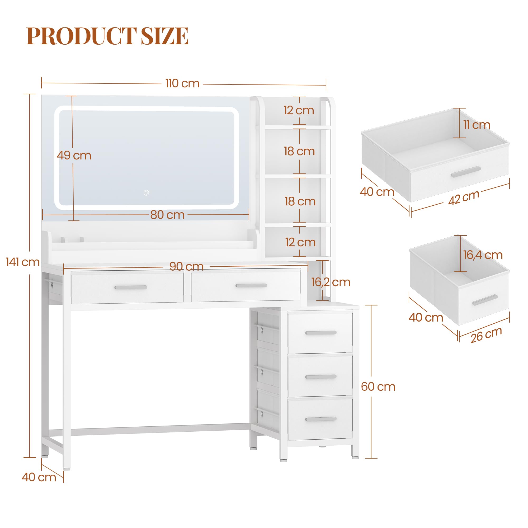 HEXCELEN 110 cm Coiffeuse avec Miroir, Blanc | Table de Maquillage avec Éclairage LED, Luminosité Réglable, 3 Couleurs, 5 Tiroirs et 5 Compartiments Ouverts