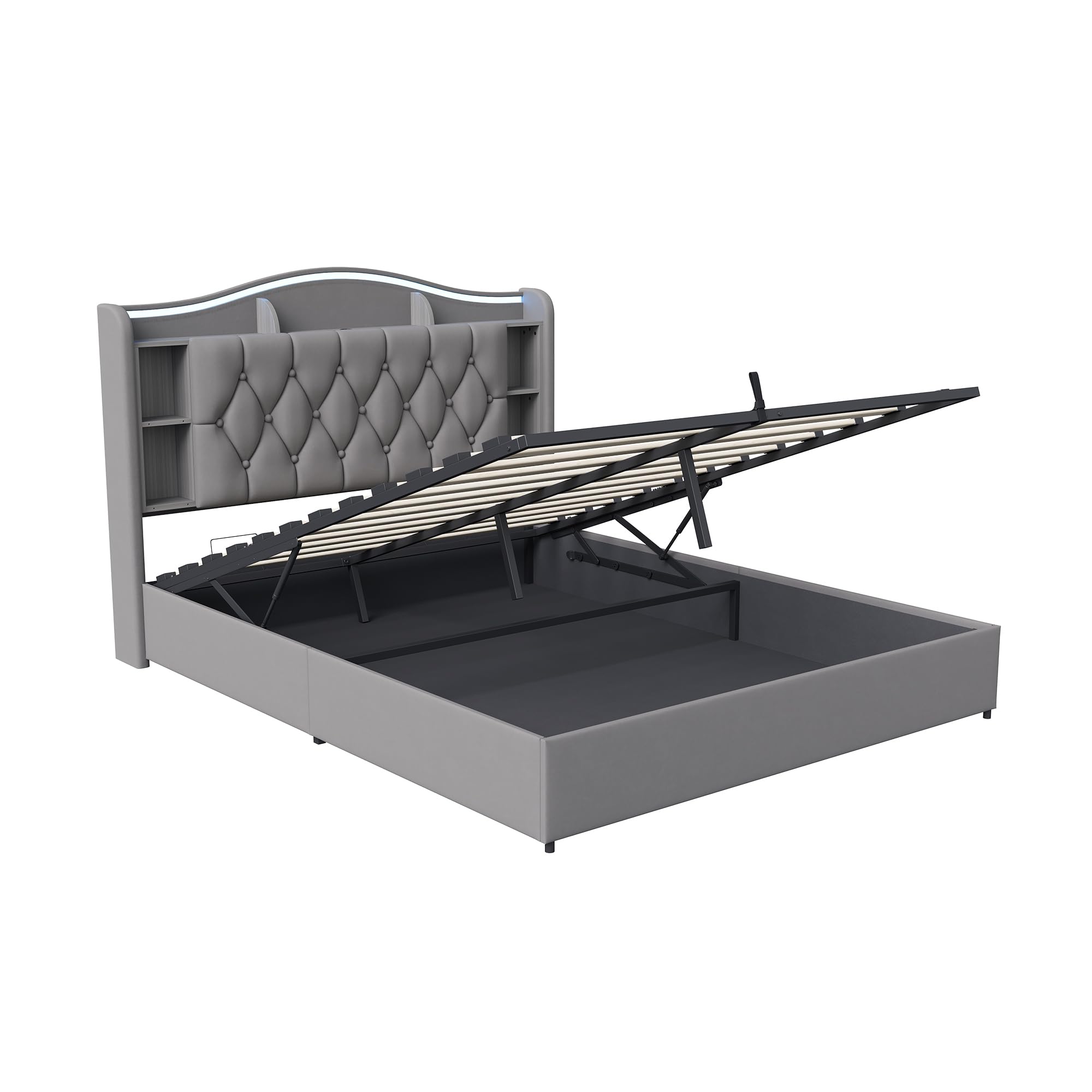 Letto Matrimoniale Contenitore 160x200 cm, con Archiviazione Idraulica, Deposito Nella Testata, LED, Ricarica Wireless e USB. Struttura in Velluto Grigio, Rete in Doghe di Legno, Senza Materasso
