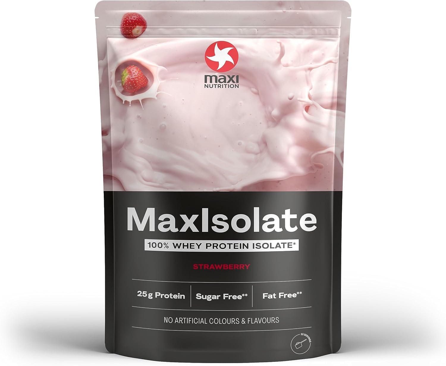 MaxiNutrition MaxIsolate 100 % Whey Protein Isolat Fraise 1 kg, poudre de protéines avec 85 % de protéines, faible en sucre et en gras, sans arômes artificiels, pour un délicieux shake protéiné avec