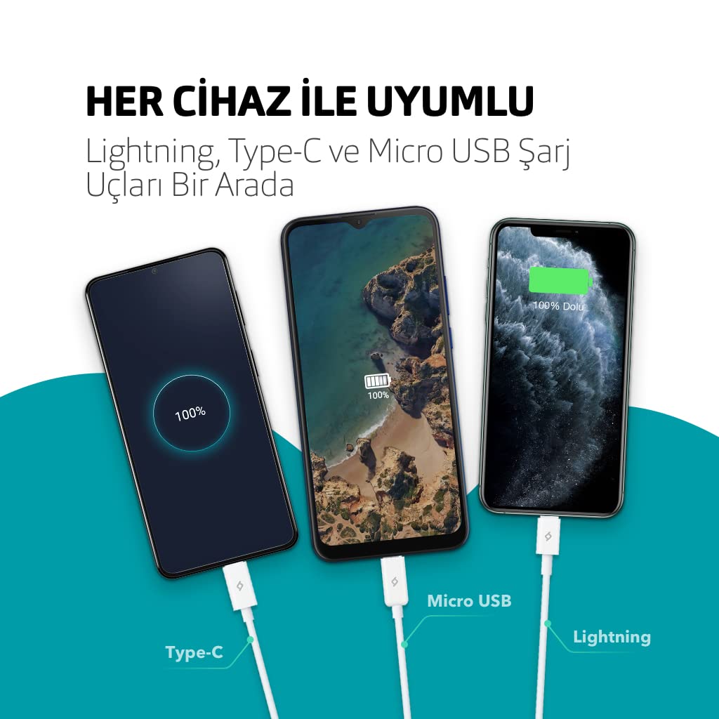 ttec Trio Type-C-Lightning-Micro USB 120cm Şarj Kablosu, Siyah