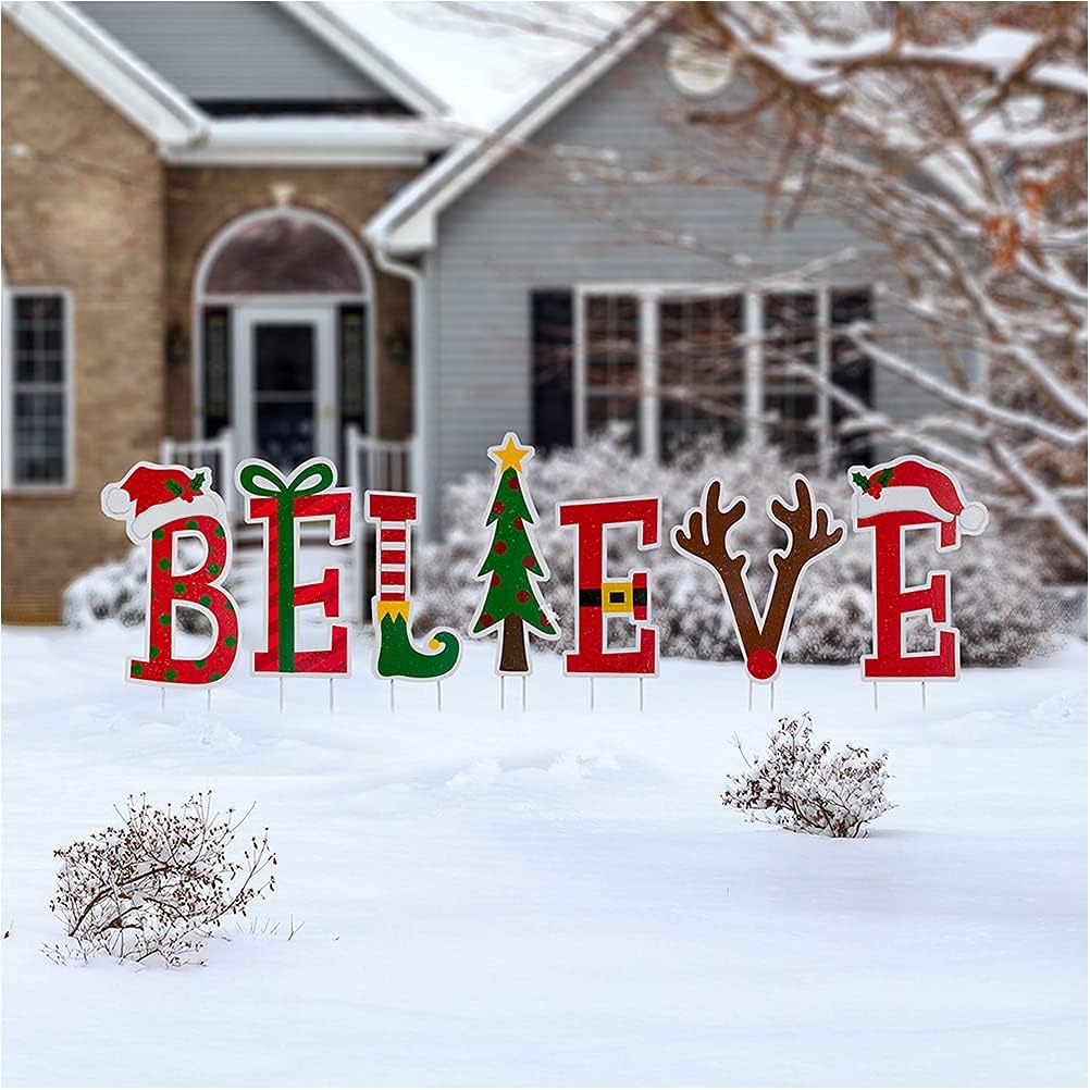 Glitzhome 7 Sets Believe Christmas Yard Stake, 23" H Garden Ornaments Metal Wall Decor Believe Garden Stakes Decorative Sign for Christmas Decorations : Everything Else