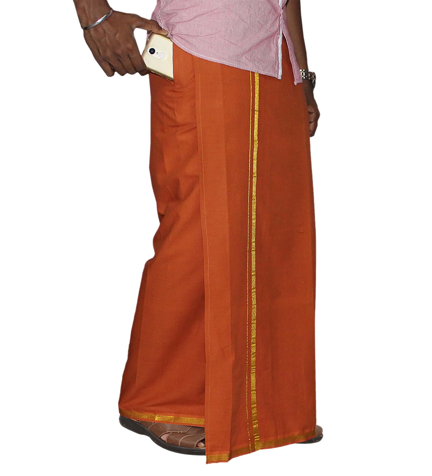 Prakasam Cotton Men's Single Dark Kaavi Colour Welcro Stitched Pocket Jari Dhoti With Matching Gold Jari Towel