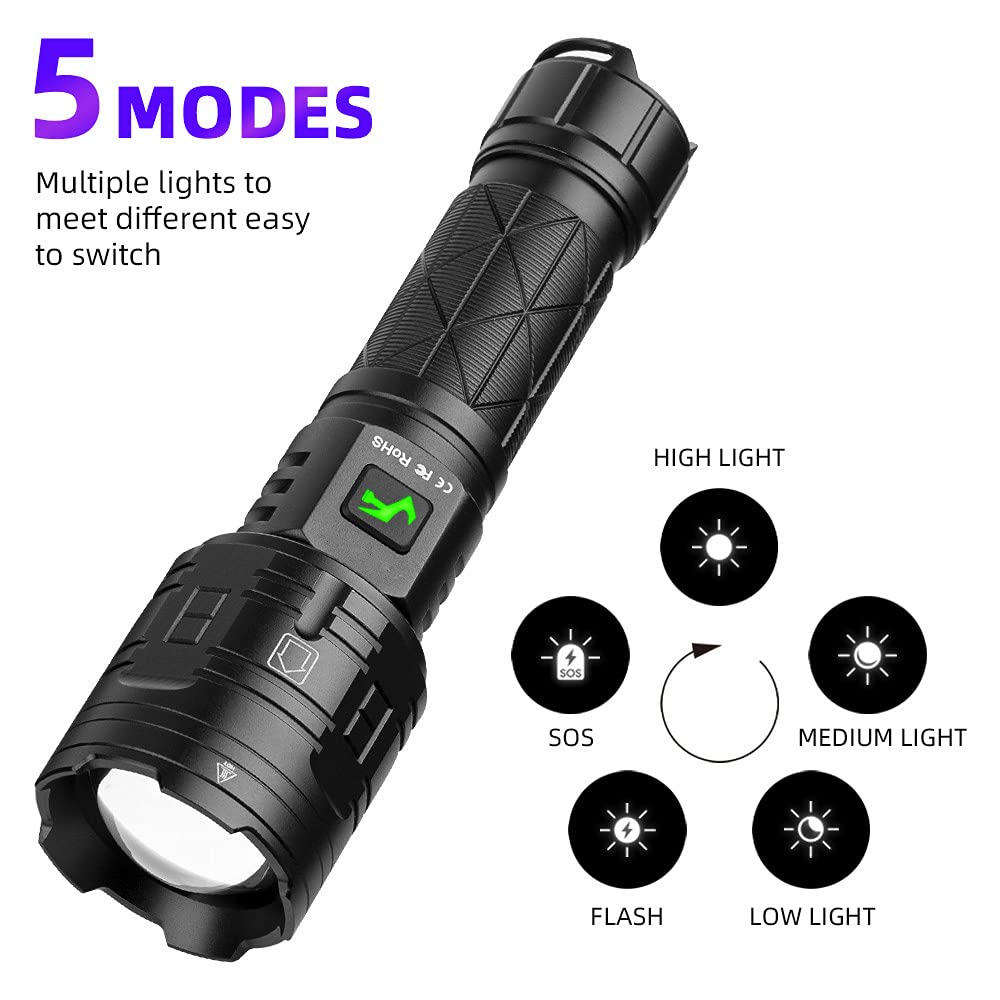 Lampe Torche LED Garberiel XHP160 Super Lumineuse, Rechargeable, étanche, Zoom