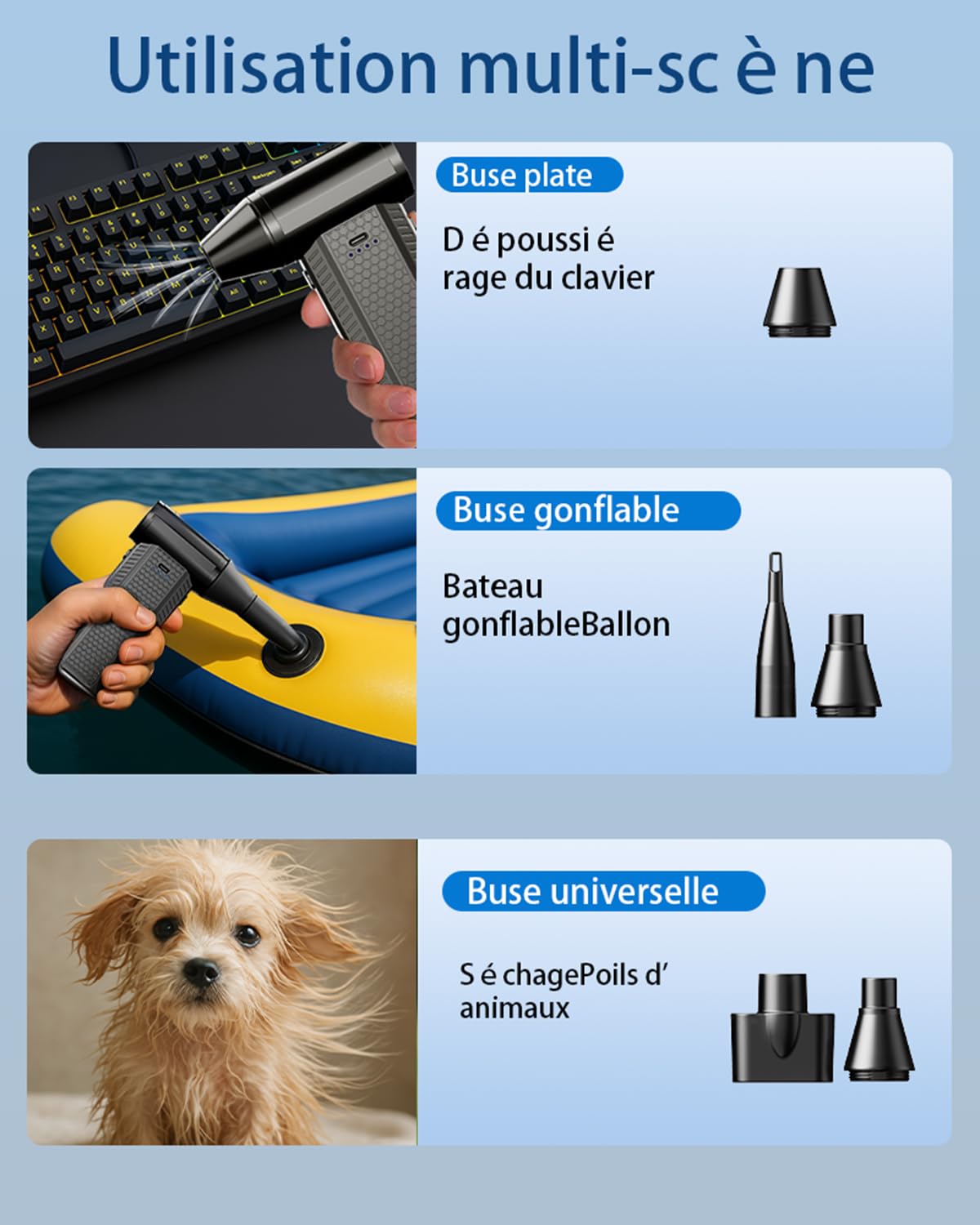 FOURQ Souffleur Air Comprimé avec,130000 TR/Min Souffleur avec Batterie 4000mAh,4 Vitesses Mini Souffleur Sans fil Puissant avec Brosses de Nettoyage PC pour Voiture, Maison, Clavier (noir)