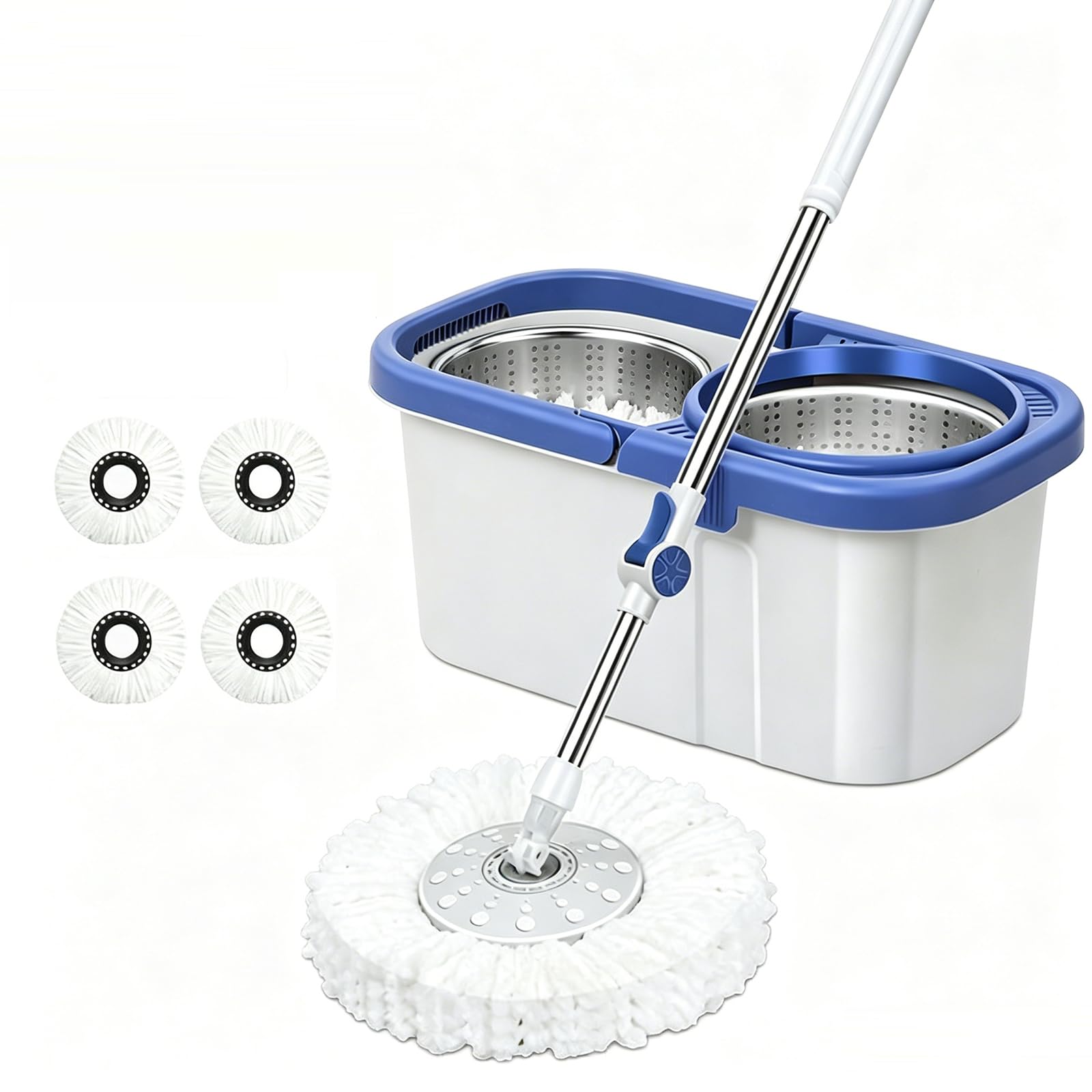 Trapeador Giratorio y Cubo con Juego de escurridor, Sistema de Cubo Giratorio de 360° con 4 Cabezales de Repuesto de fregona de Microfibra y Mango Ajustable de Acero Inoxidable,A